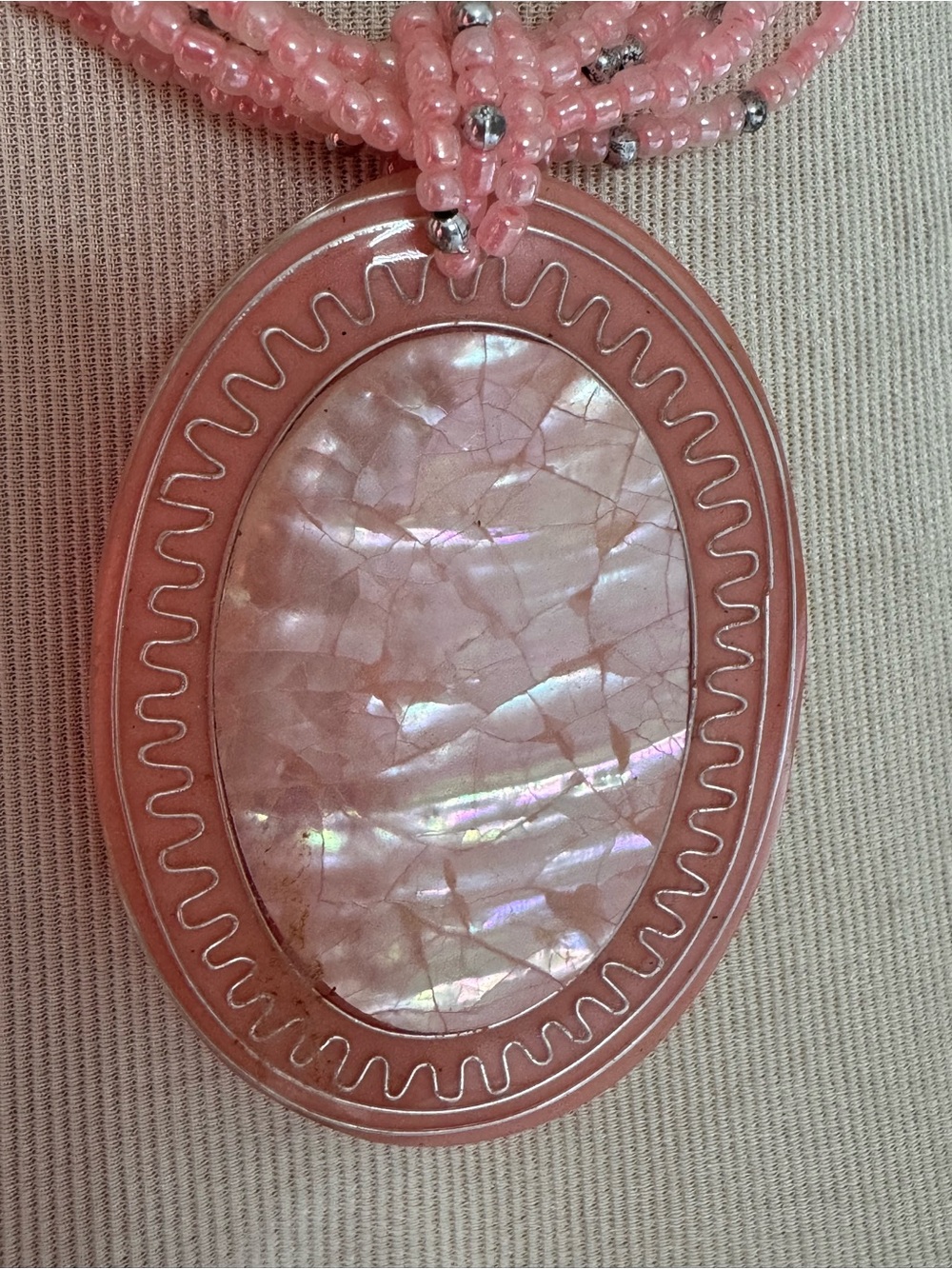 Pink Beaded Multi-Strand Necklace with Pink Oval Pendant